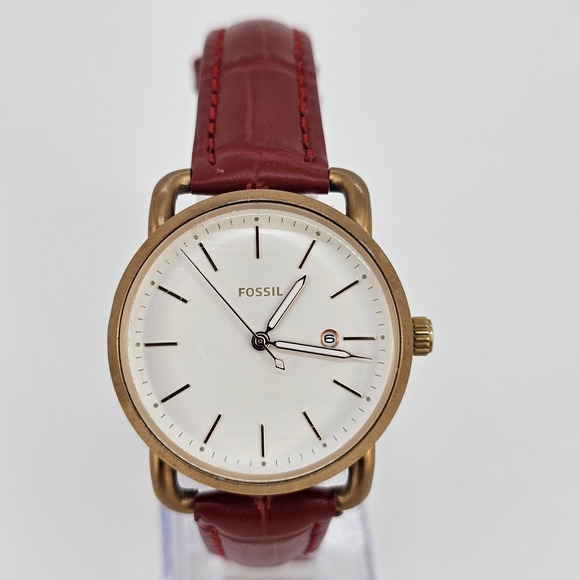 Fossil Women Watch 34MM Gold Dial Date New Red Leather Bands New Battery - Picture 1 of 16